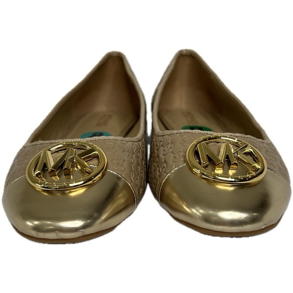 Michael Kors Ballet Flats MK Logo Embossed Gold Tan Beige 8M Luxe Neutral - Picture 9 of 17